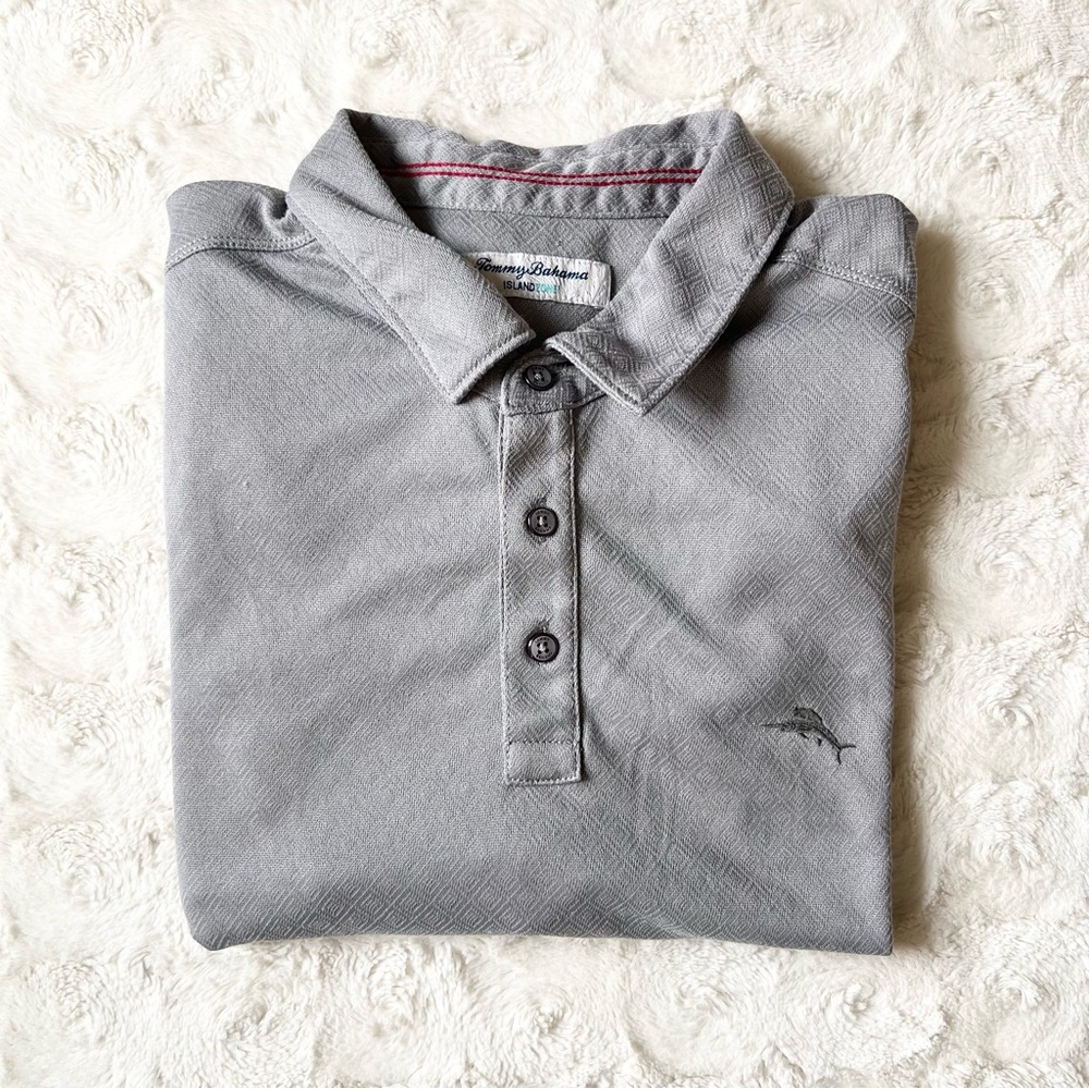 Tommy Bahama Polo Shirt Mens XL Gray IslandZone Geometric AOP Tencel Blend Golf